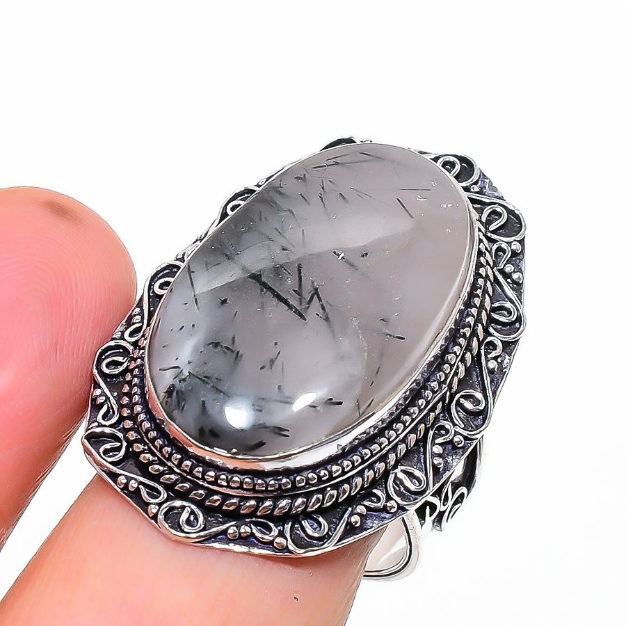 Black Rutile Gemstone Ring Handmade Anniversary Gift Vintage Jewelry 10″ VR 2359