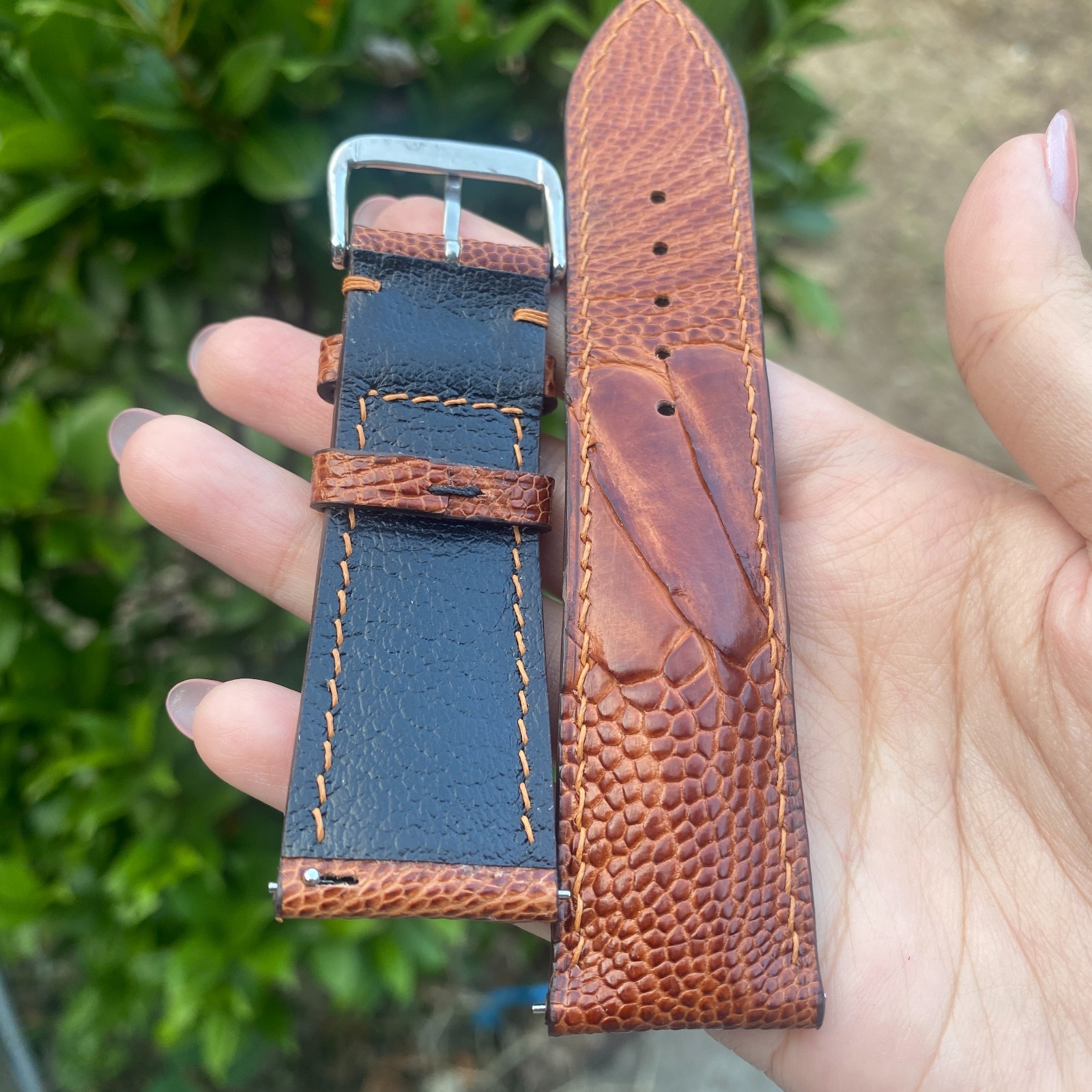 Light Brown Ostrich Leather Watch Band Custom Leg Skin Watch Strap Silver Buckle