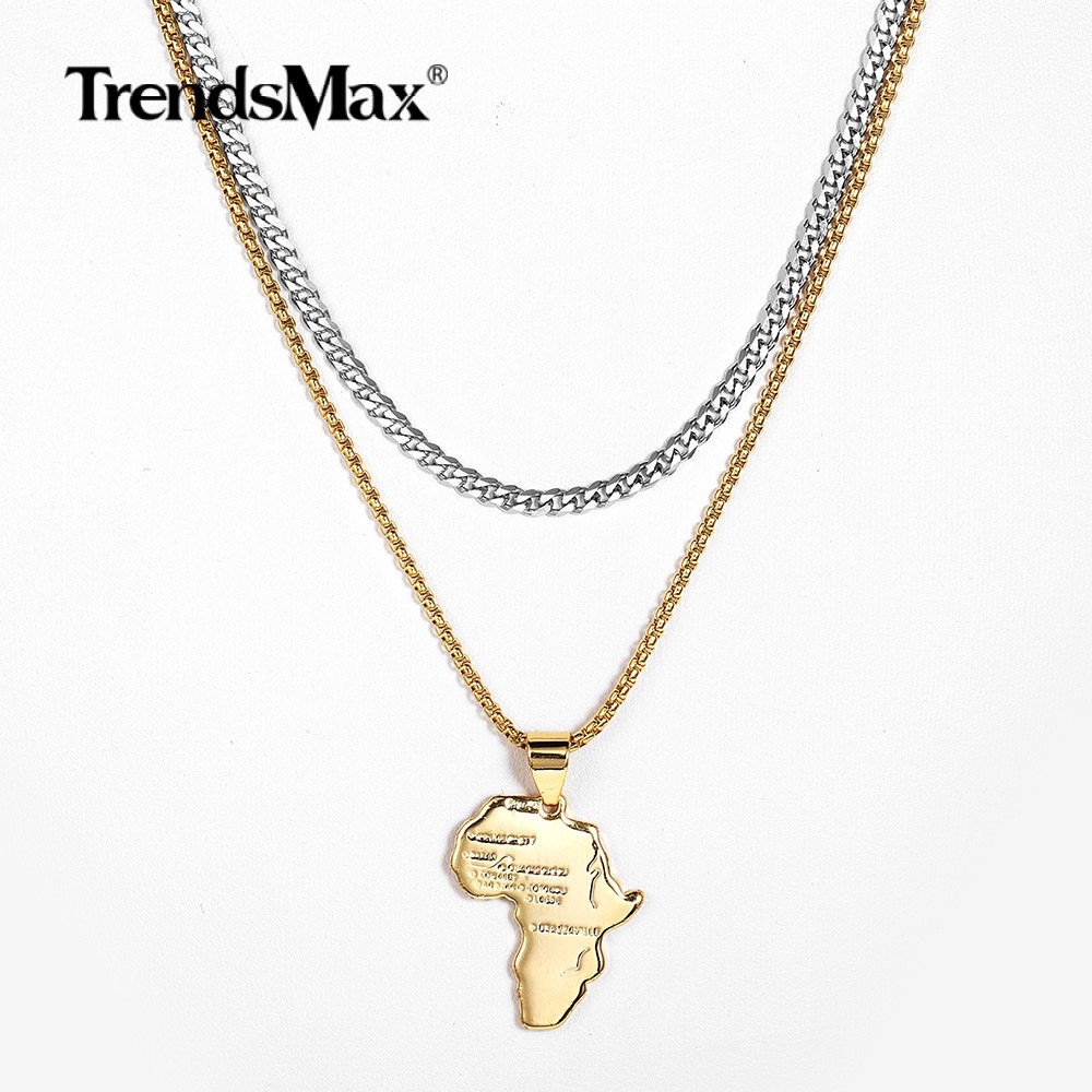 2Pcs Stainless Steel Curb Chains Gold Plated Africa Map Pendant Necklaces 20+22″