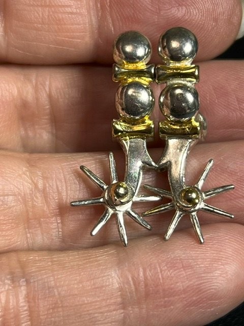 B4909 Designer signed Spur Earrings Sterling Silver Gold Tone Western Cowboy 7g