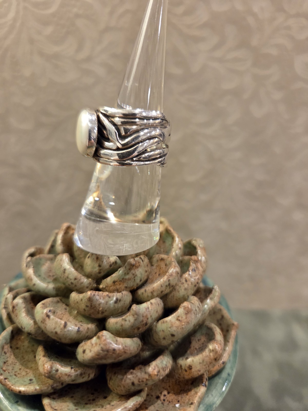 Signed Silpada Sterling Silver Ring With White Coin Pearl And Woven Band Size 7