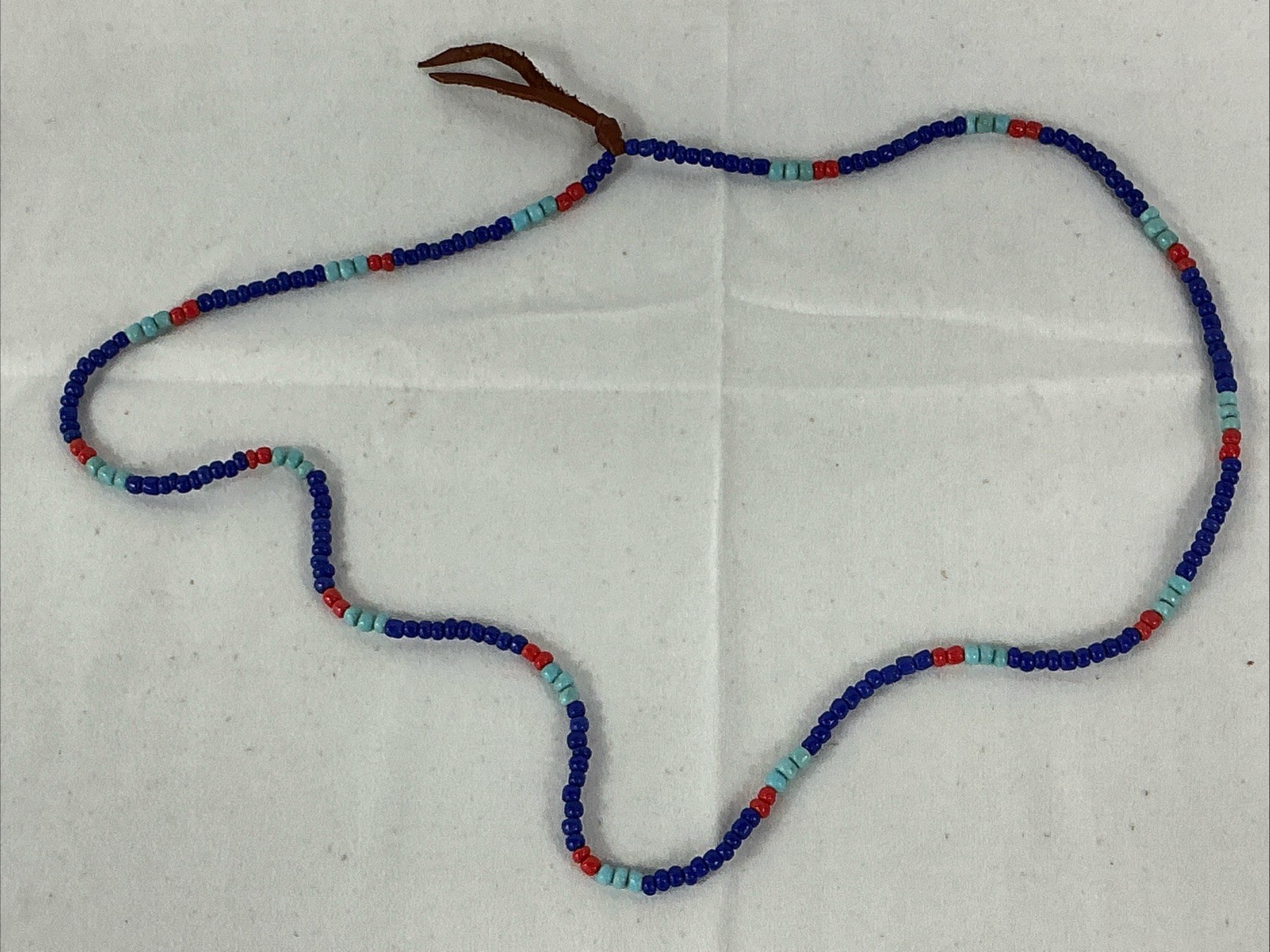 RTH Blue & Red Glass Beaded Leather Knot Necklace 28” Length