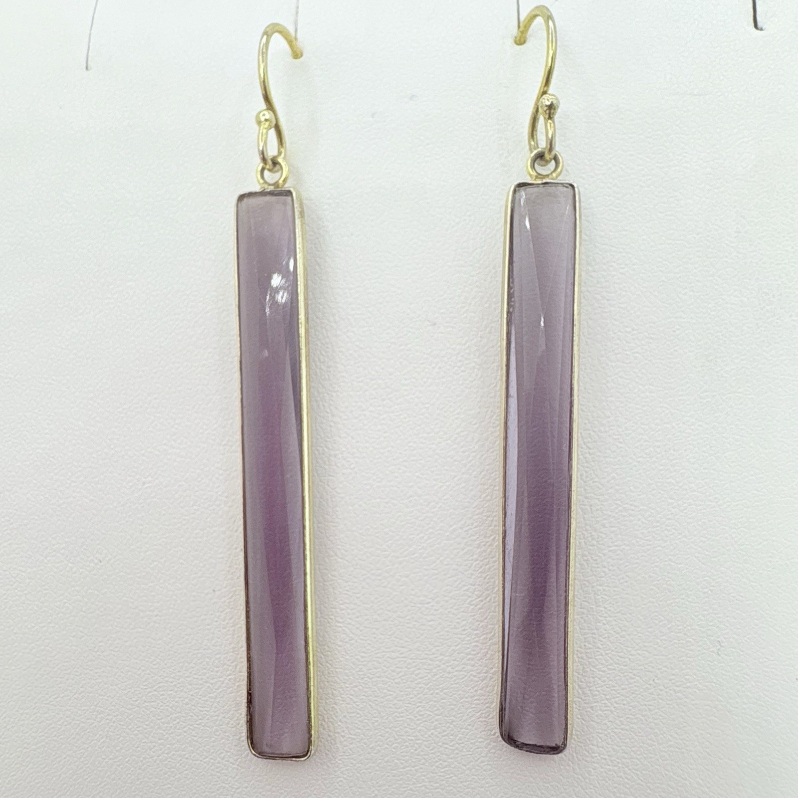 Gold Over Sterling Silver Lavender Crystal Glass Bar Dangle Earrings 2.5”
