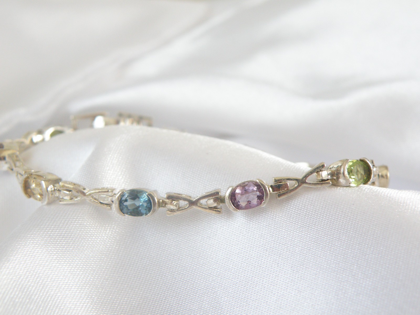 Vintage Sterling Silver 925 Gemstone Tennis Station Link Bracelet 7″