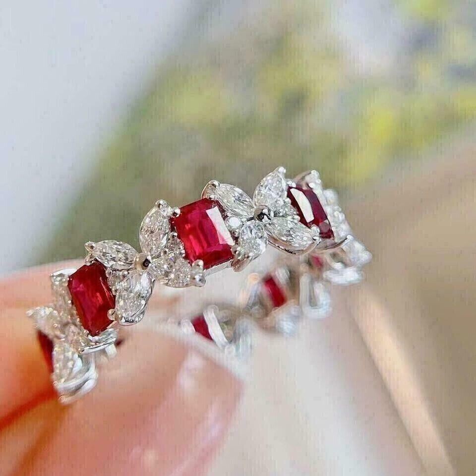 Emerald Cut Simulated Ruby Women’s Gorgeous Eternity Ring 14K White Gold Plated