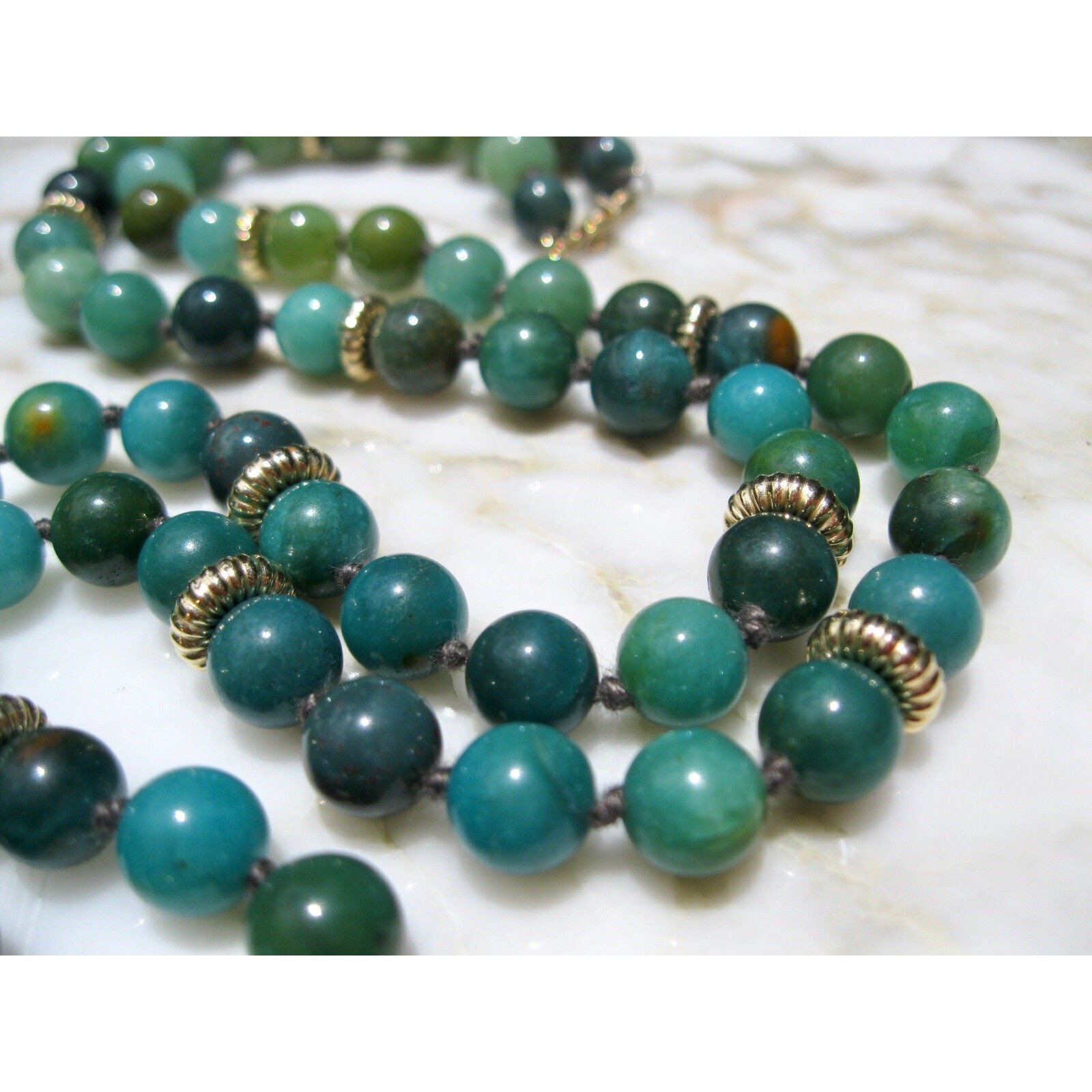 MID CENTURY GREEN / BLUE PERUVIAN OPAL 14K YELLOW GOLD BEADED 29 1/2″ NECKLACE