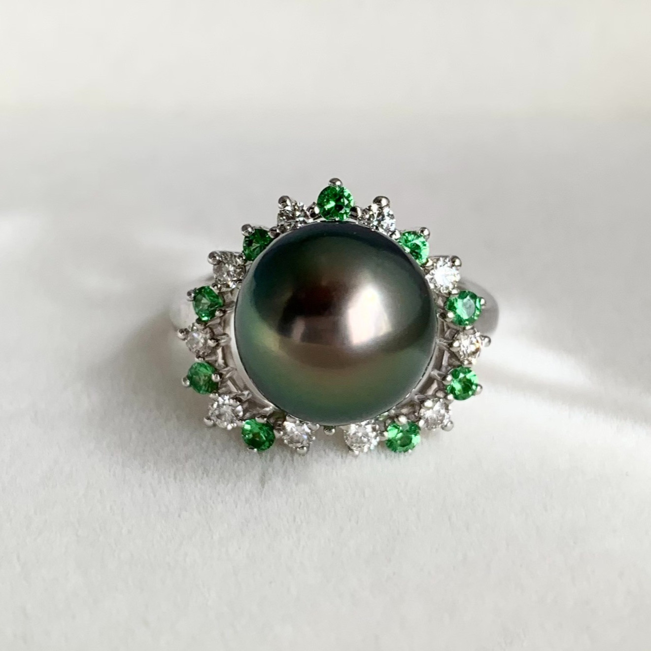 AAA 10.8mm Peacock Tahitian Pearl Ring Diamond & Tsavorite 18K Solid White Gold