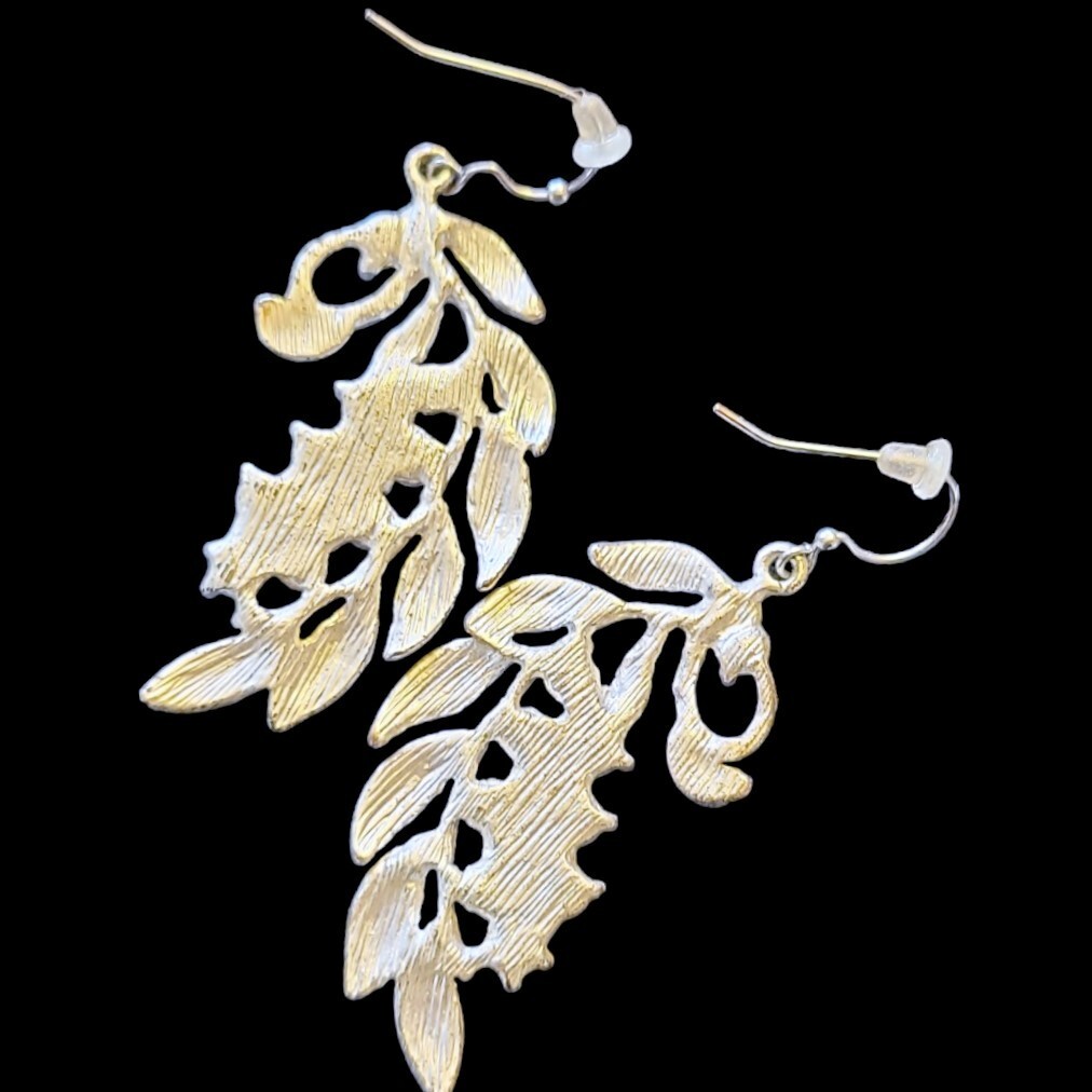 SILVER Branch Leaf Dangle Earring BLACK Stone Accents LIGHTWEIGHT Jewelry