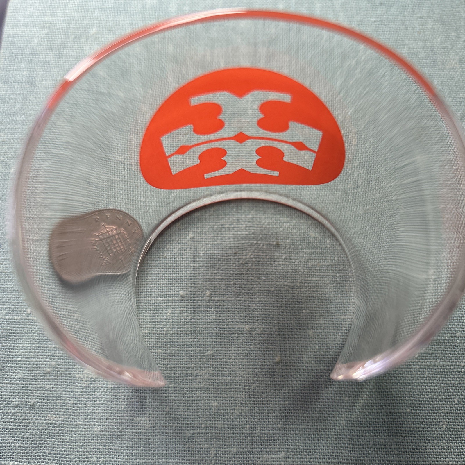 TORY BURCH White Clear Lucite Orange Logo Wide Cuff Bracelet