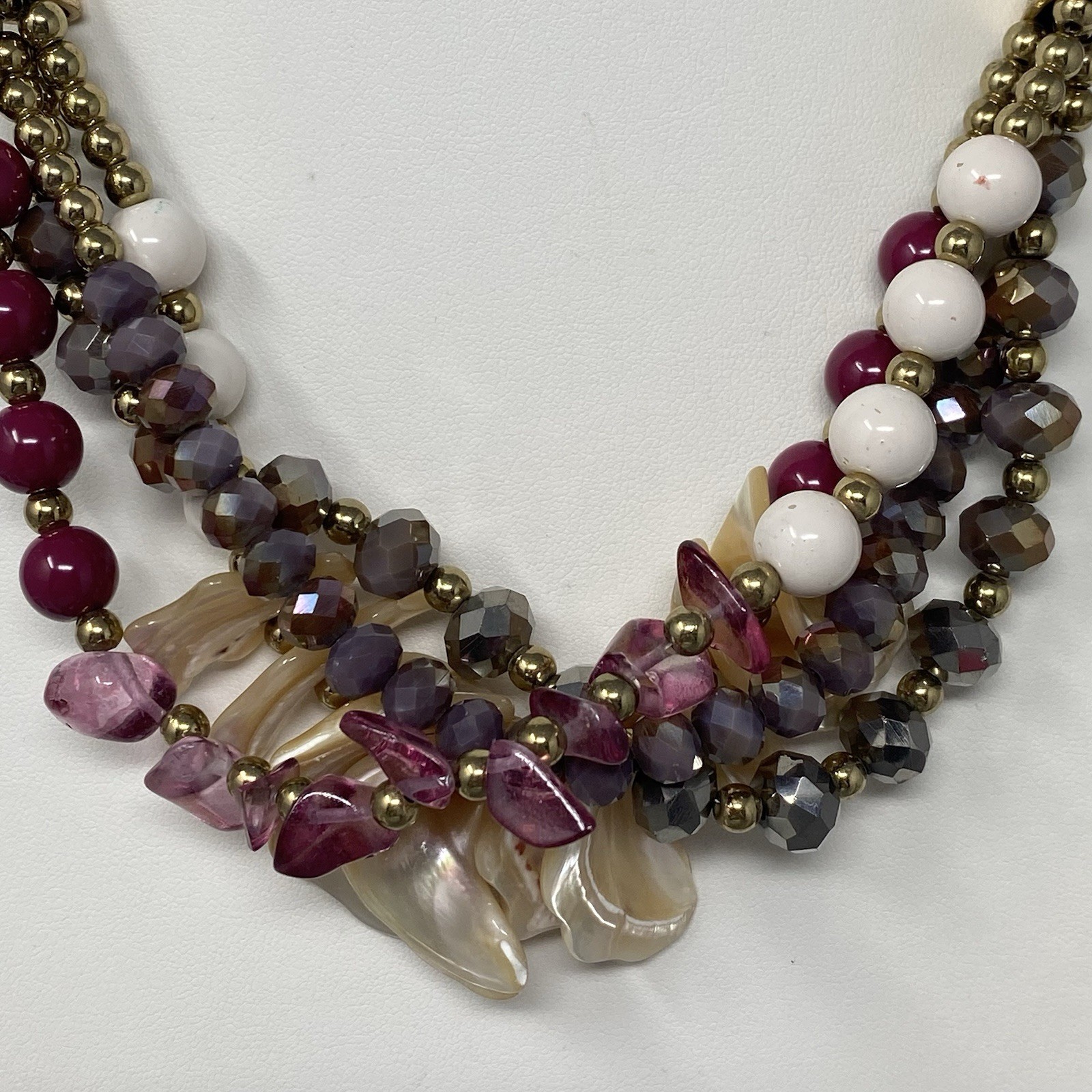 Chunky Statement Layered Necklace Mauve Purple Glass Shell Acrylic Gold Tone 21″