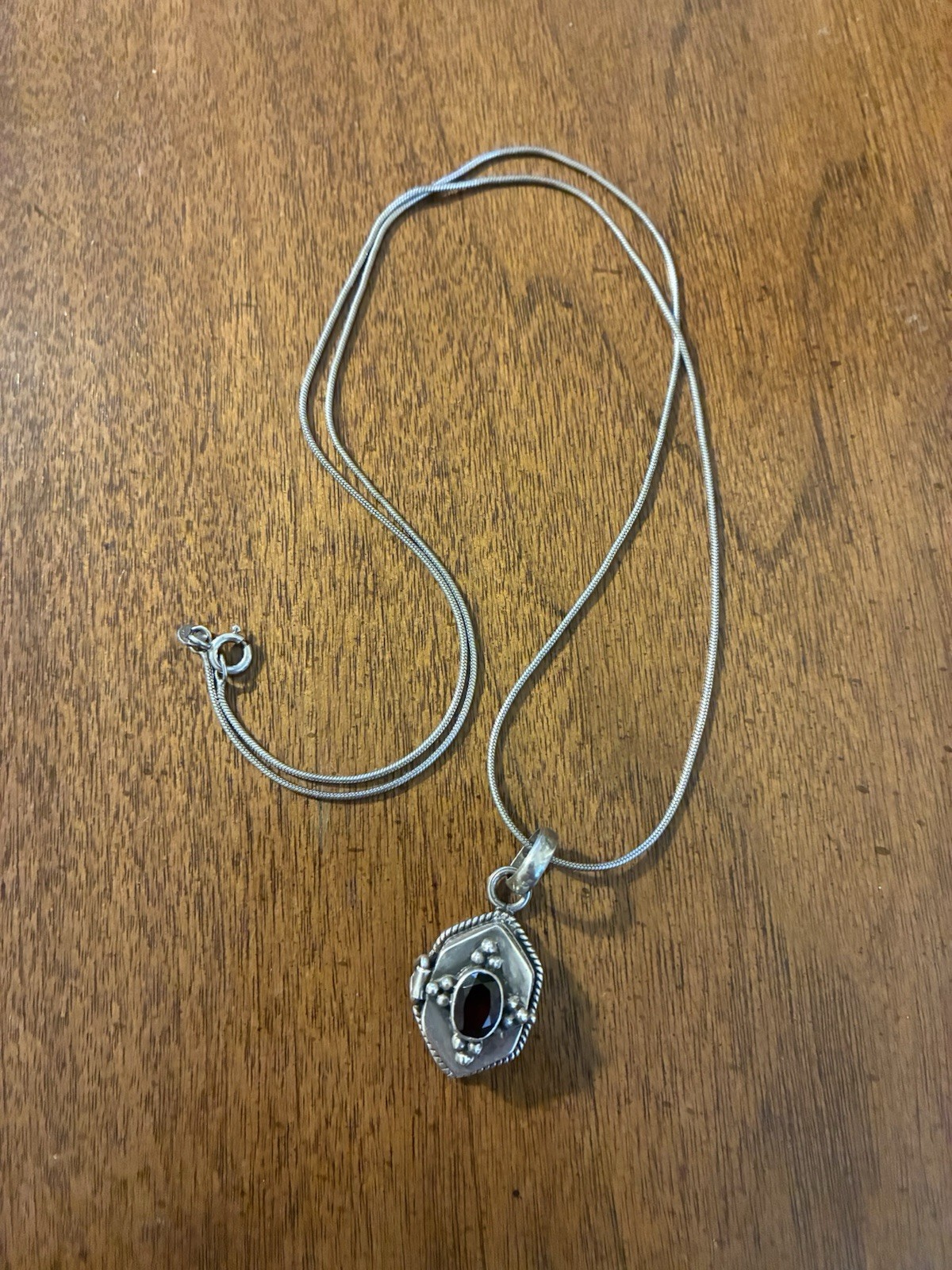 Vintage Sterling Silver 925 Poison Pill Box Locket Garnet Pendant w/Chain 23”
