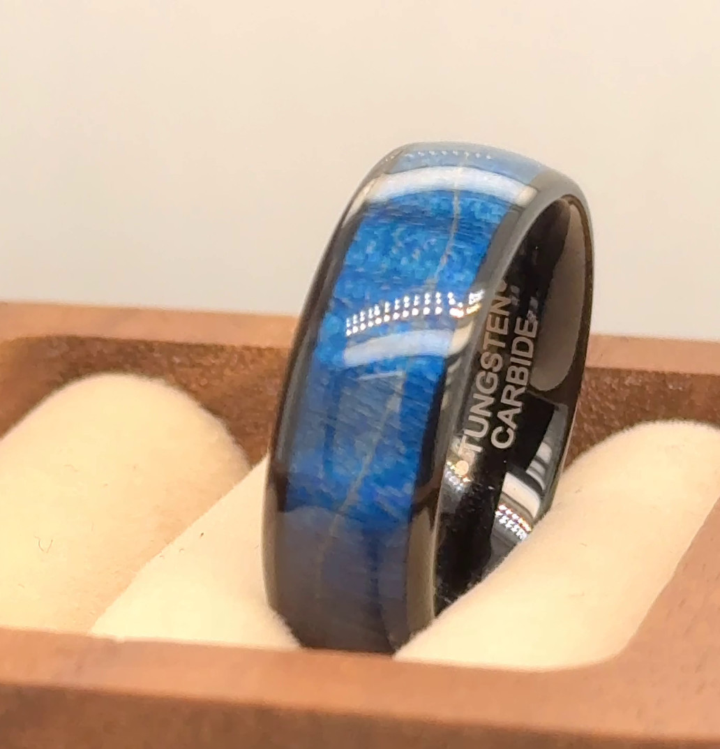 Azure Blue Wood Wedding Band for Men – Stylish Black Tungsten Engagement Ring