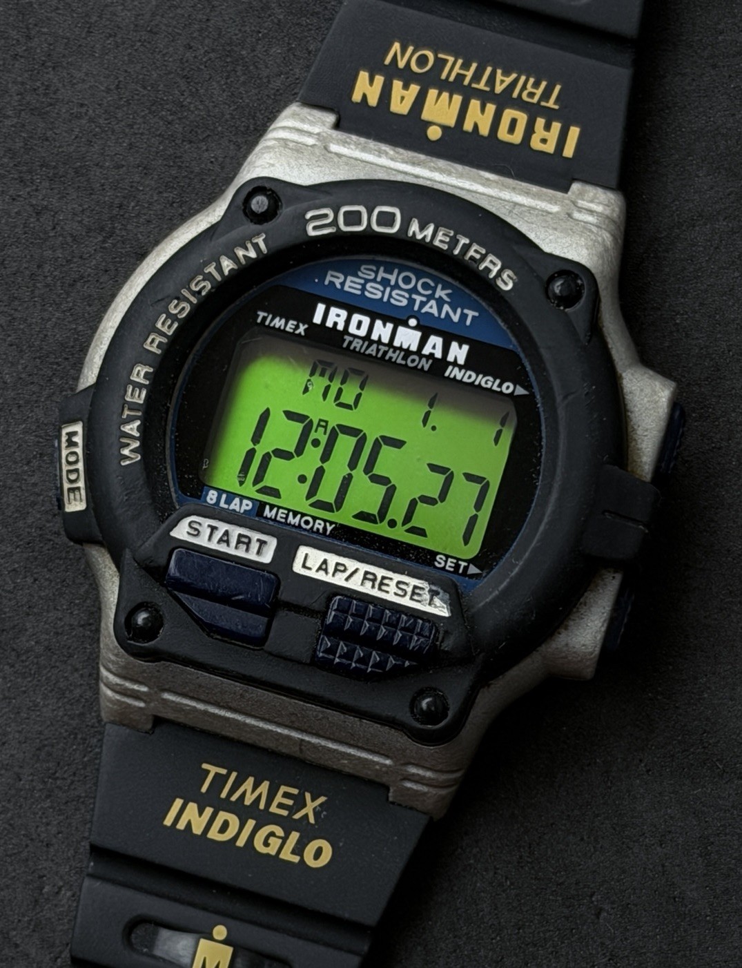Vtg 2002 TIMEX Ironman 200M Men’s 44mm Digital Watch Black Gray Yellow 8 Lap