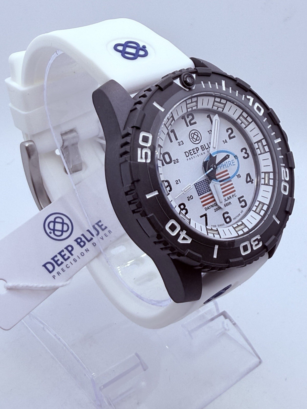 Deep Blue DAYNIGHT 43MM DIVER SOLAR POWERED PC WHITE DIAL USA🇺🇸3 COLOR TUBES‼️