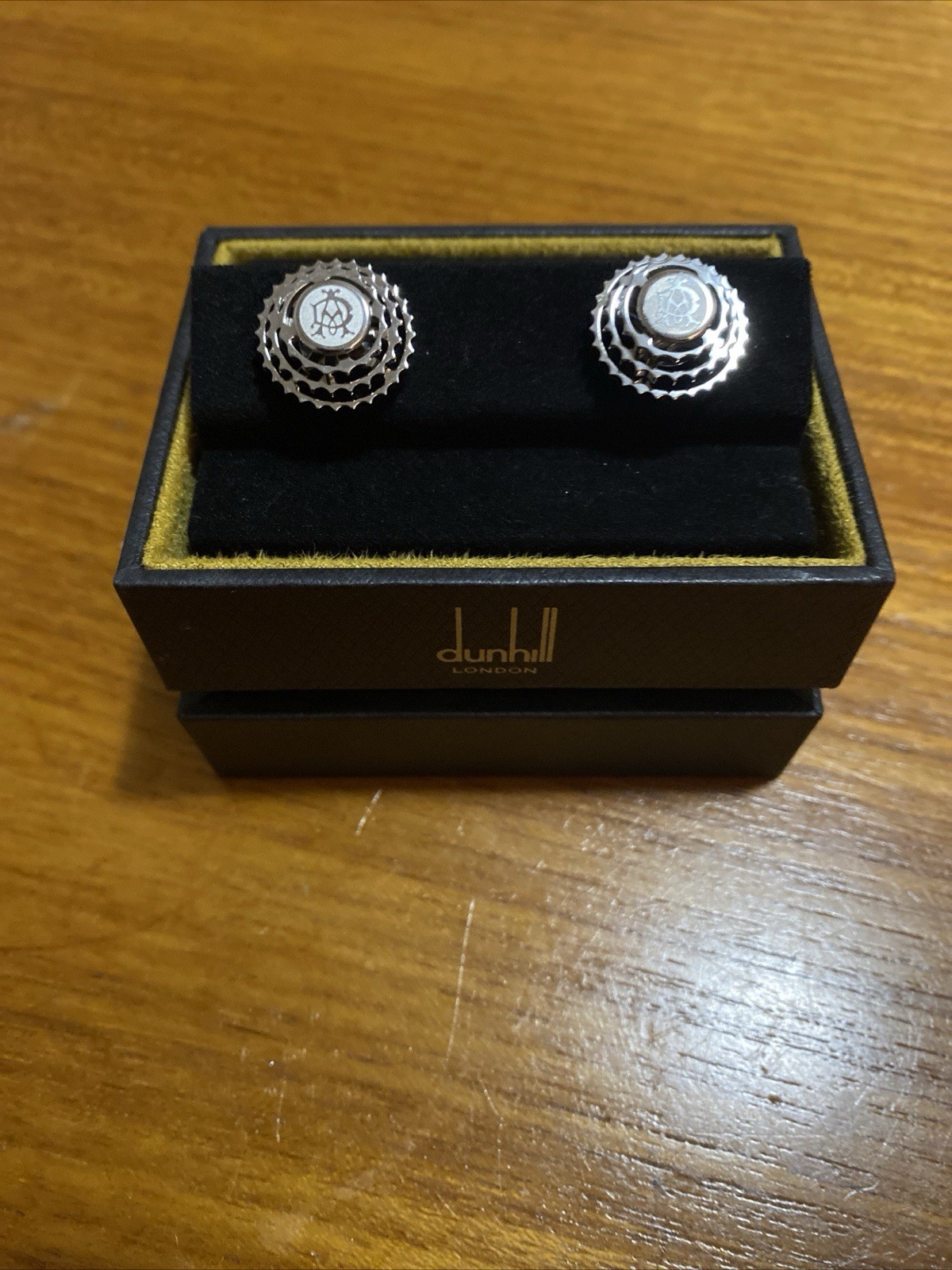 Dunhill Cufflinks Spinning Rolling Gear Motif Silver with Case -BRAND NEW