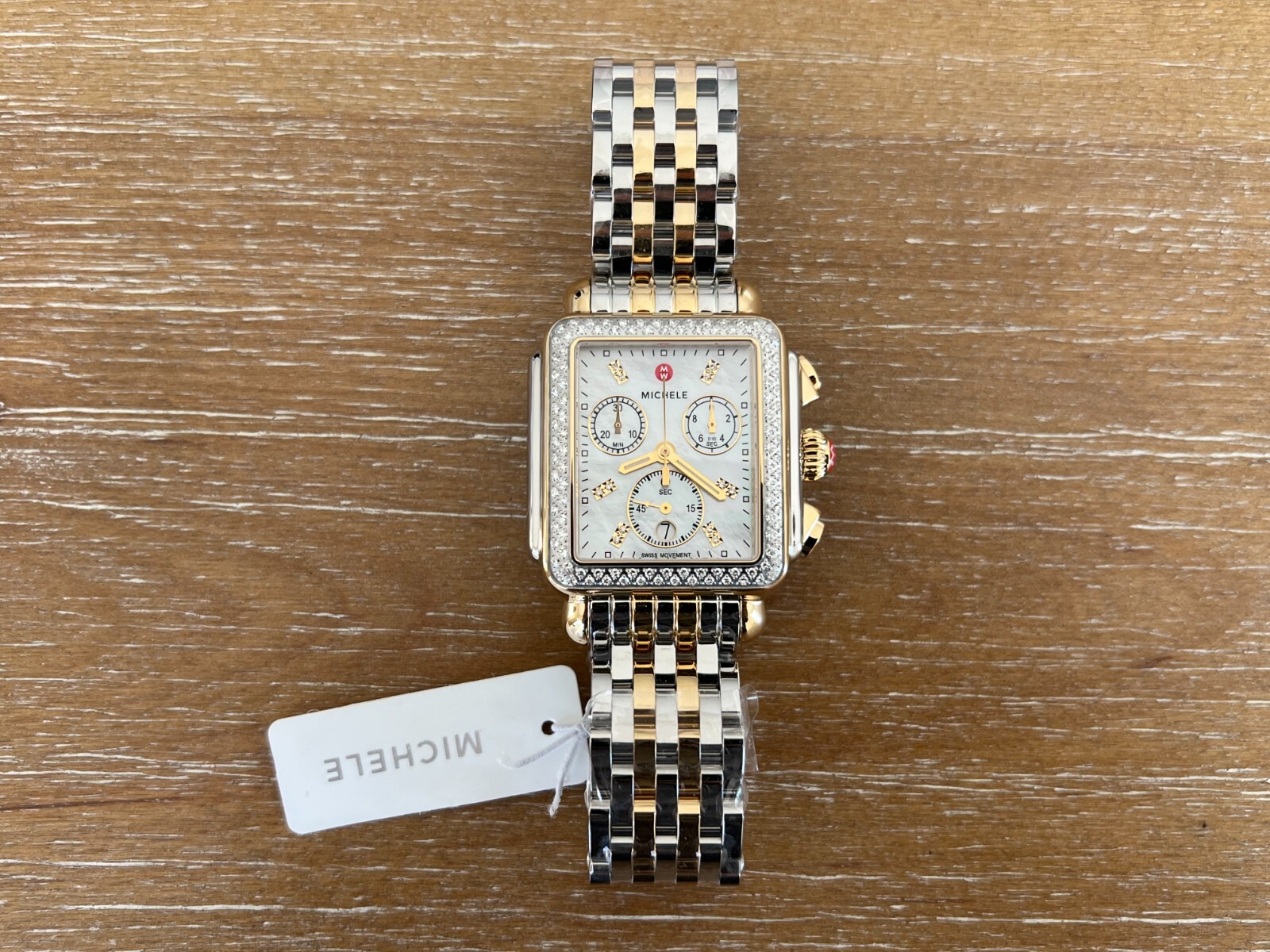 New Michele Deco Diamond Gold Two-Tone MOP Diamond Dial watch MWW06A000776