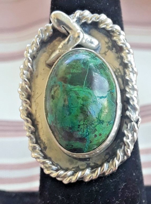 Vintage Navajo CERRILLOS Green Turquoise Sterling Silver RING 9.4g 17.4mm/siz 7