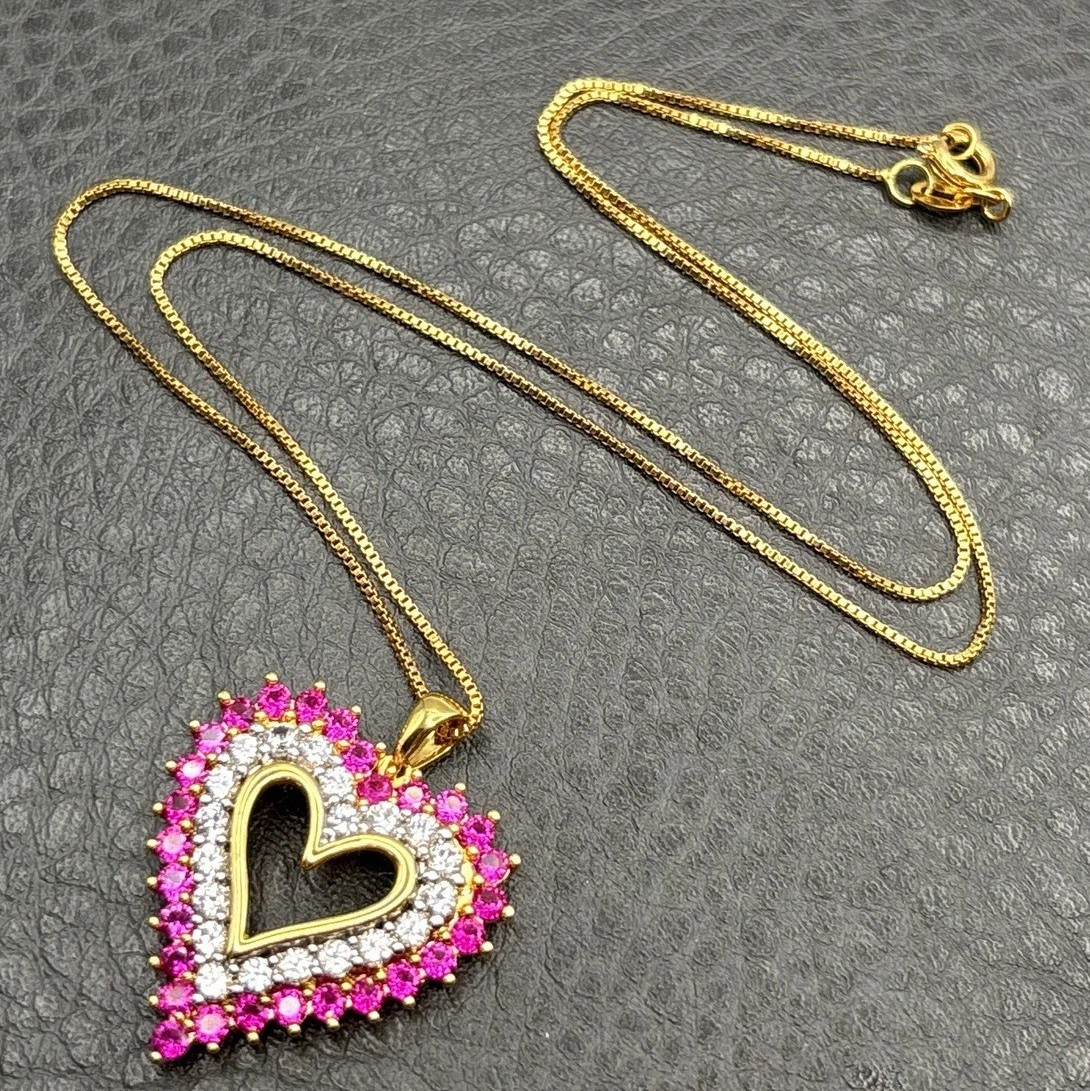 Signed BR Lab Ruby Pink Heart Pendant Necklace Gold Plated 18” Chain