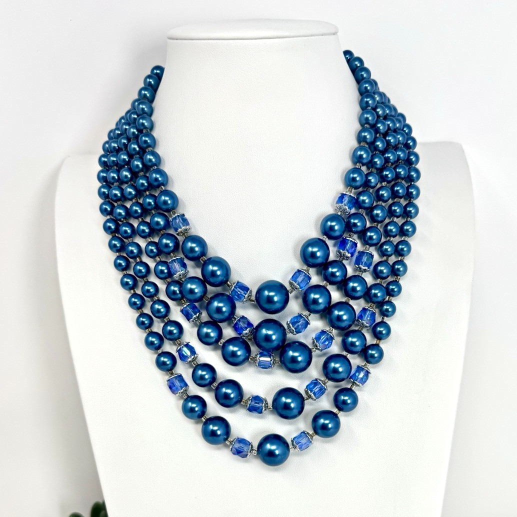 Vintage Royal Blue Multi-Layer Faux Pearl Bib with Iridescent Crystal Accents