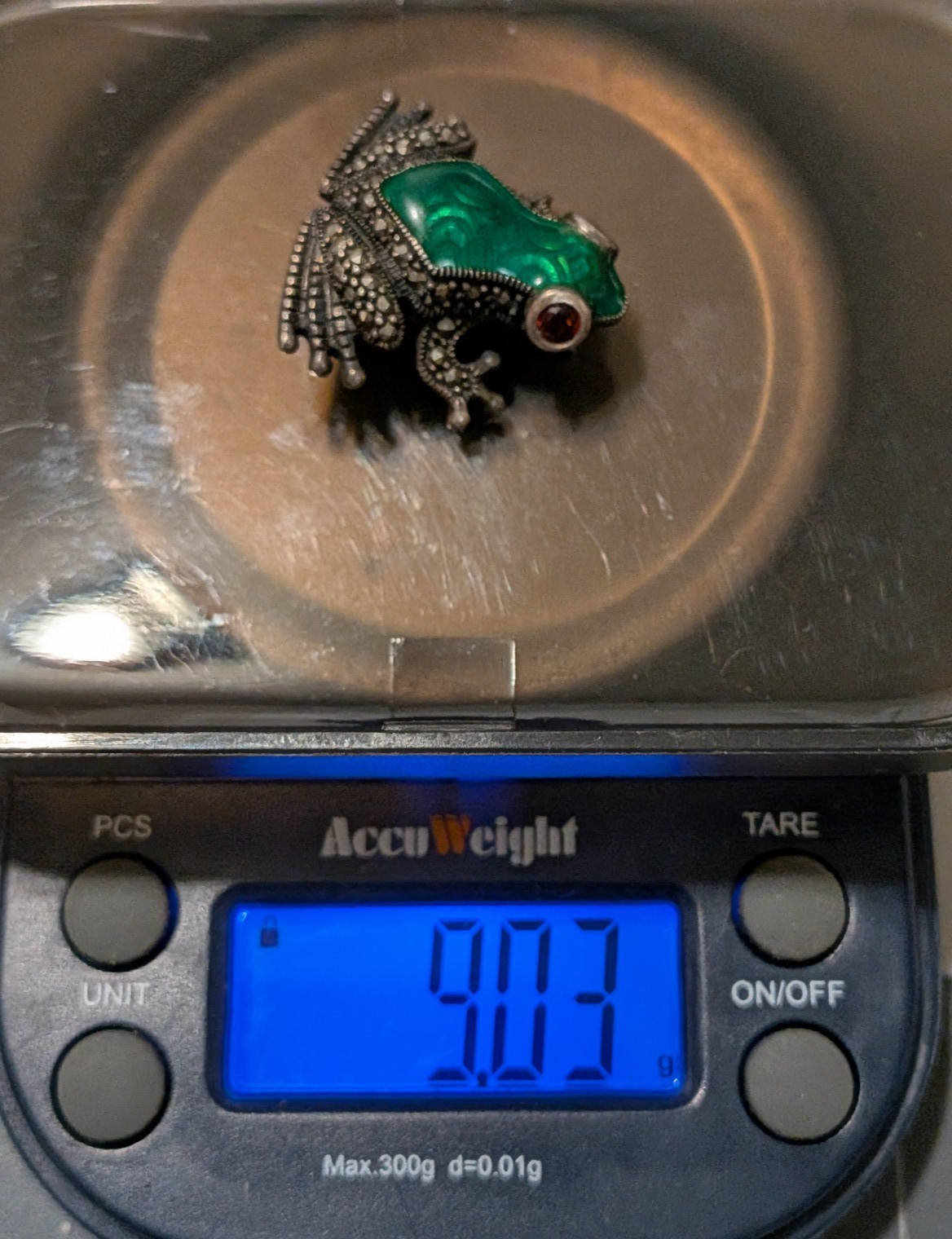 Sterling Silver 925 Green Enamel Marcasite Frog Brooch Orange Eyes Thailand