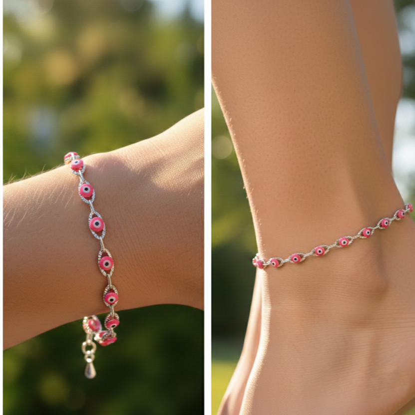 Dainty Silver Chain Anklet Colorful Pink Enamel Evil Eye Charm Design for Women