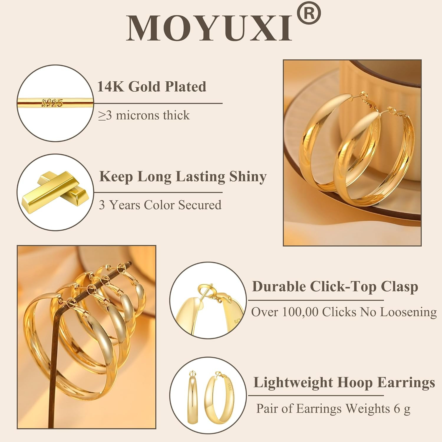 5-8Mm Tapered Design Thick Large Hoop Earrings for Women Trendy Hypoallergenic 9