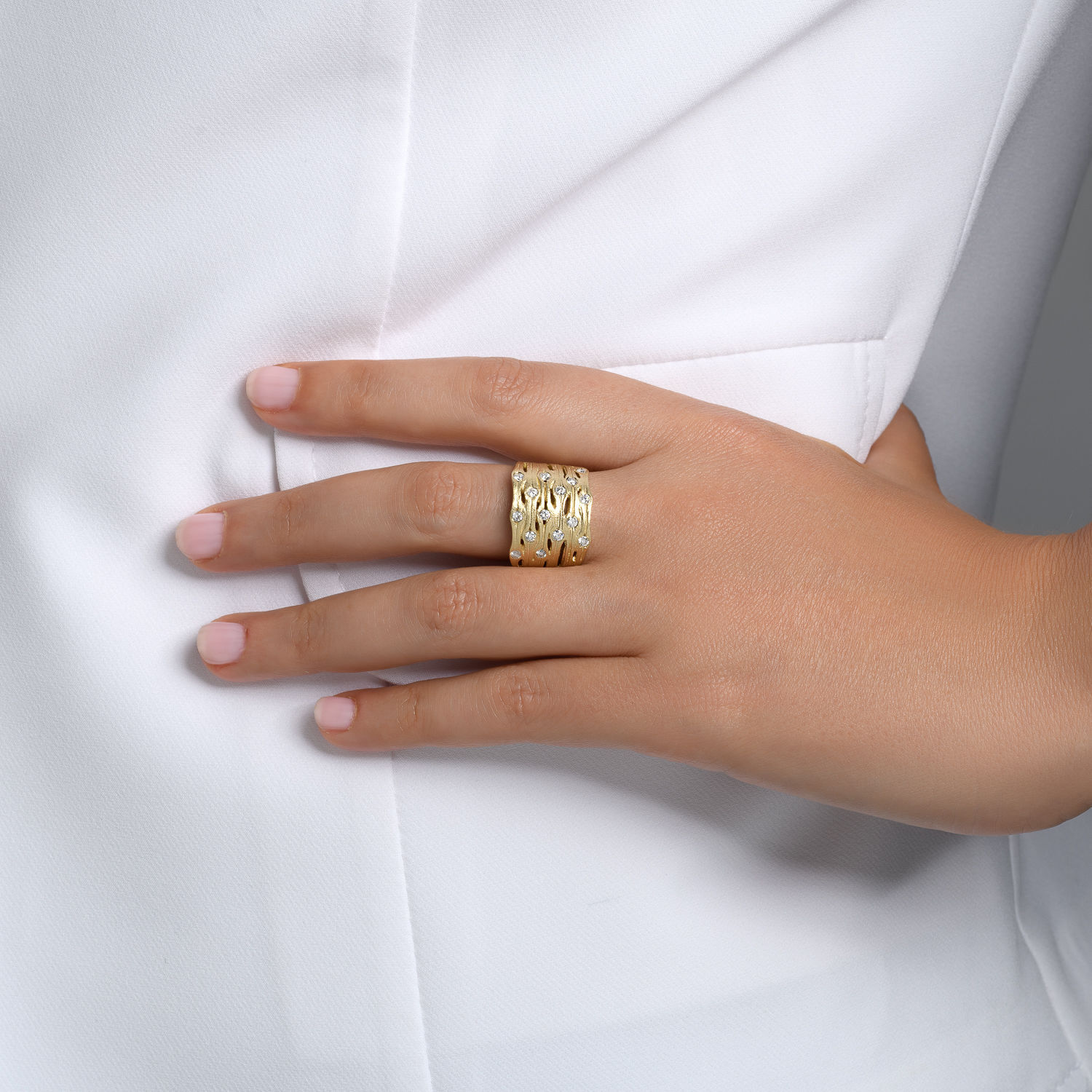 Dainty 14k Yellow Gold Artisan Statement Multi Row Design H/SI Diamond Wide Ring