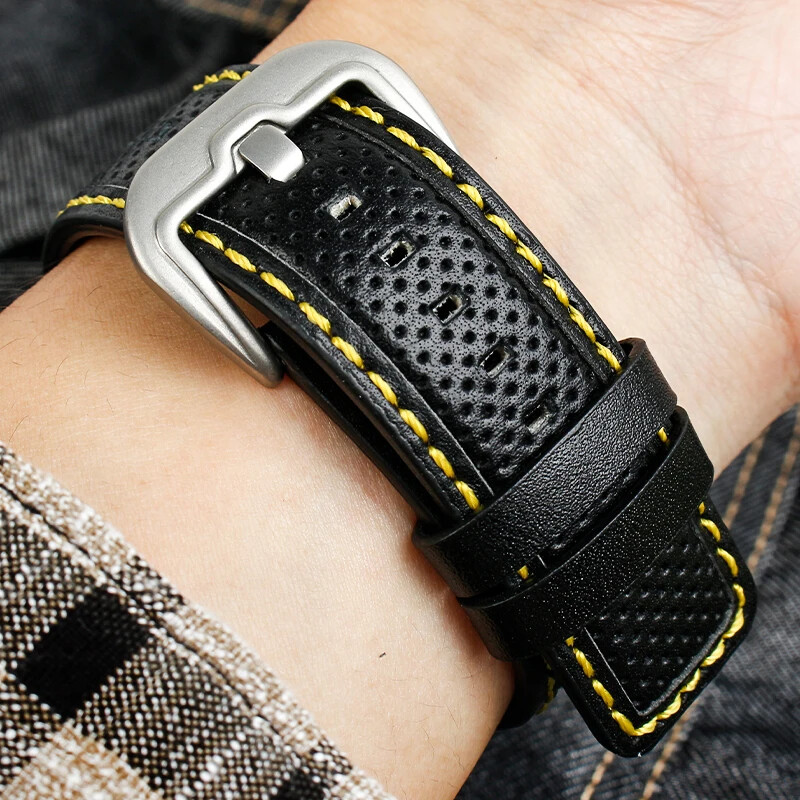 Cowhide Leather Watch Strap for Panerai Dietrich 24mm Black Red Stitch Men Band