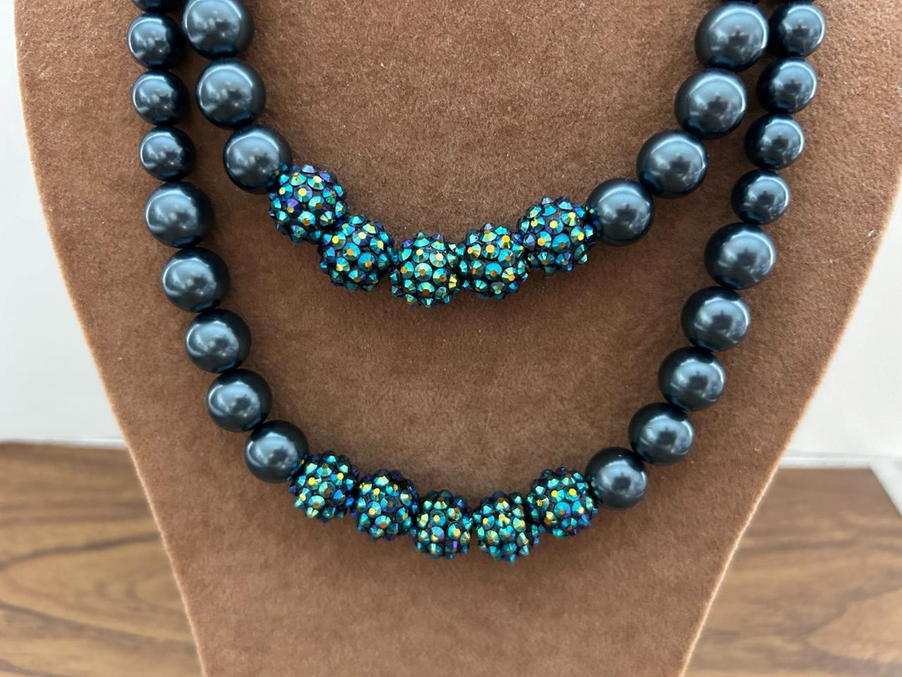 2 necklaces RMN stones beads lobster clasp adjustable length blue green