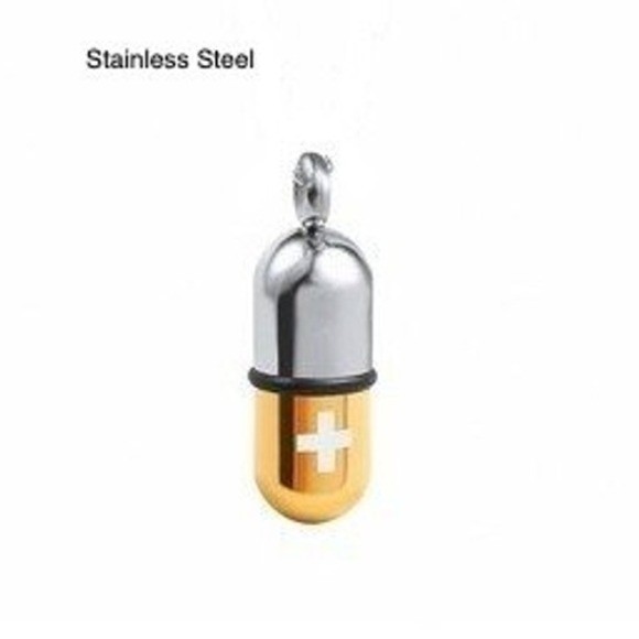 Gold Silver Pill Capsule Pendant Necklace Stainless Steel Box Chain 50cm