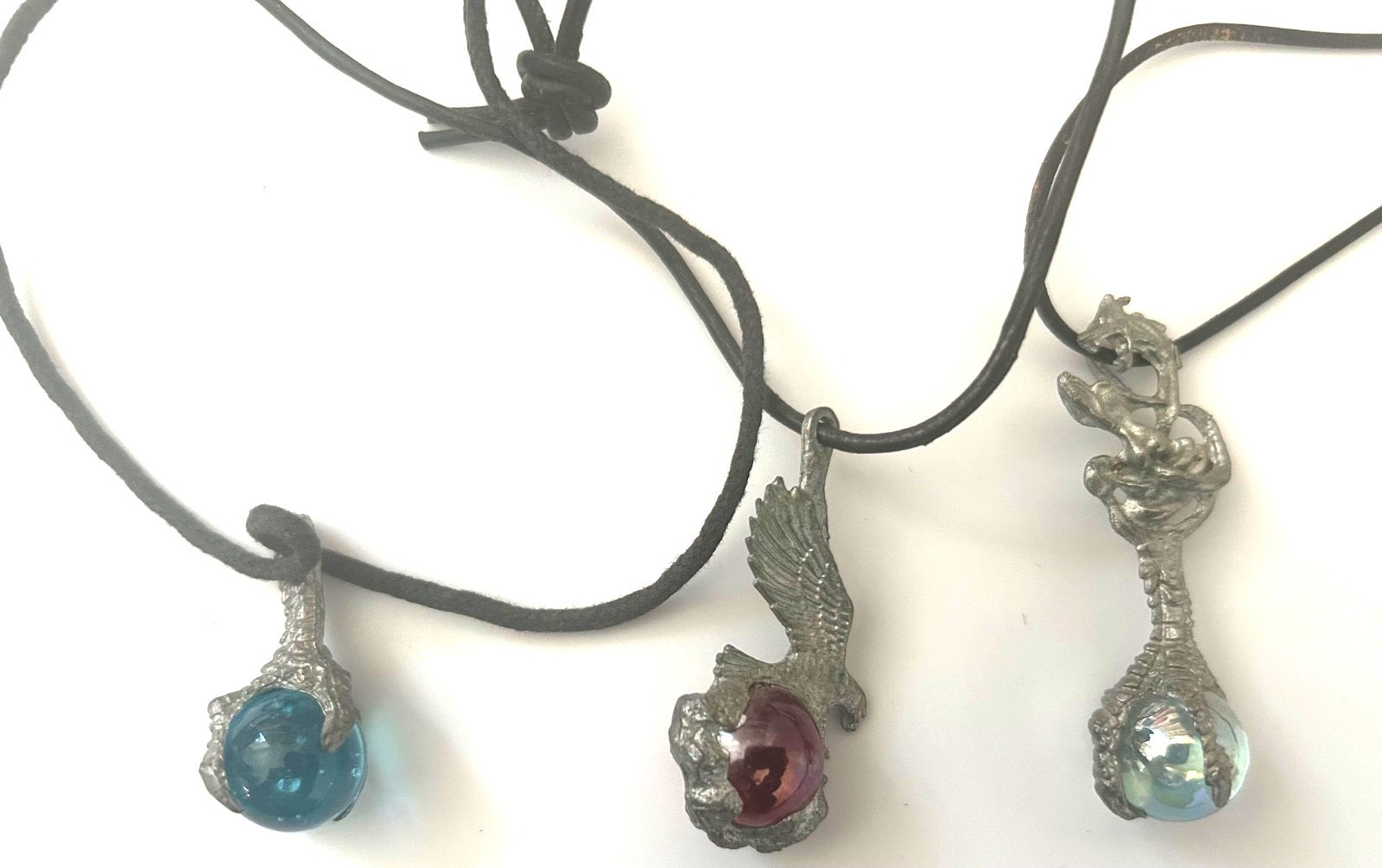 Vintage 90s Pewter Dragon Eagle Claw Black Cord Necklace Lot of 3