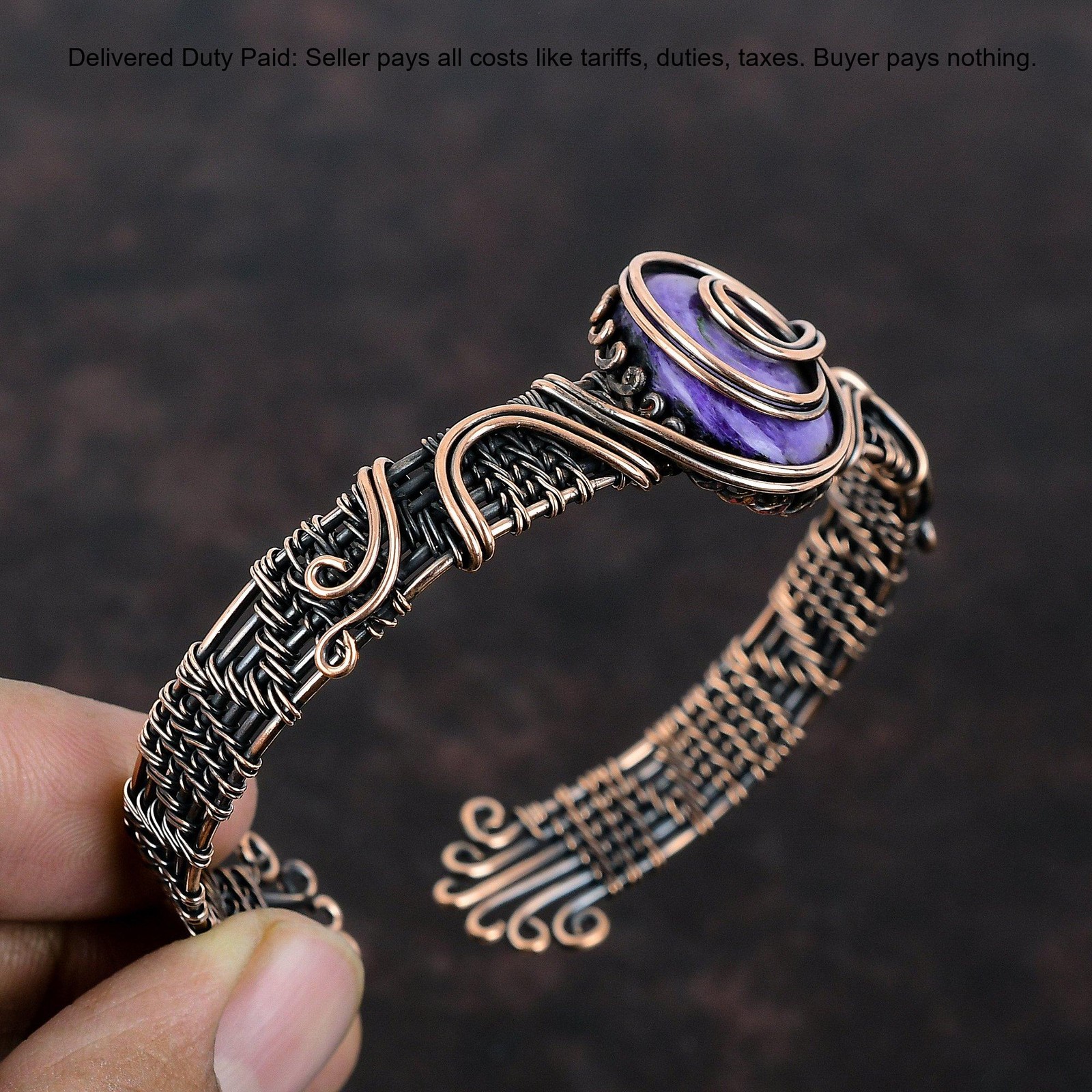 Copper Natural Charoite Confirmation/Communion Wife Wire Wrapped Bangle Bracelet
