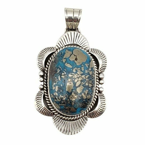 Turquoise Pendant 2.25″ Closed Back Pyrite Matrix Sterling Silver Southwestern