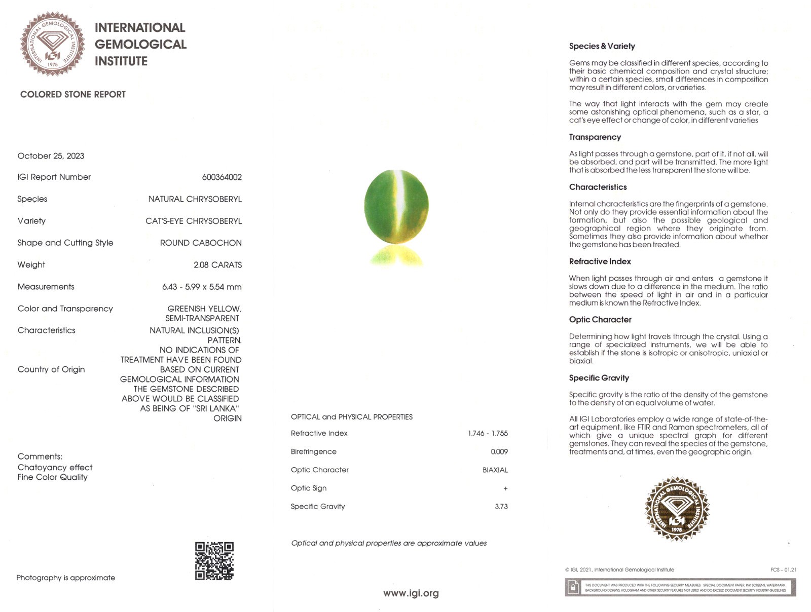 IGI Certified CEYLON Chrysoberyl Cat’s Eye 2.08 Ct. Natural Untreated 6 MM ROUND