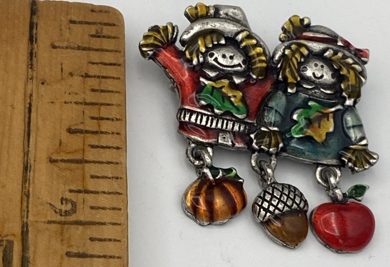 Signed AJMC Brooch Pin Autumn Fall Scarecrow / Pumpkin Dangles