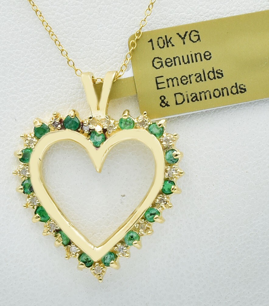 GENUINE 0.45 Cts EMERALD & DIAMOND HEART PENDANT 10k GOLD – New With Tag