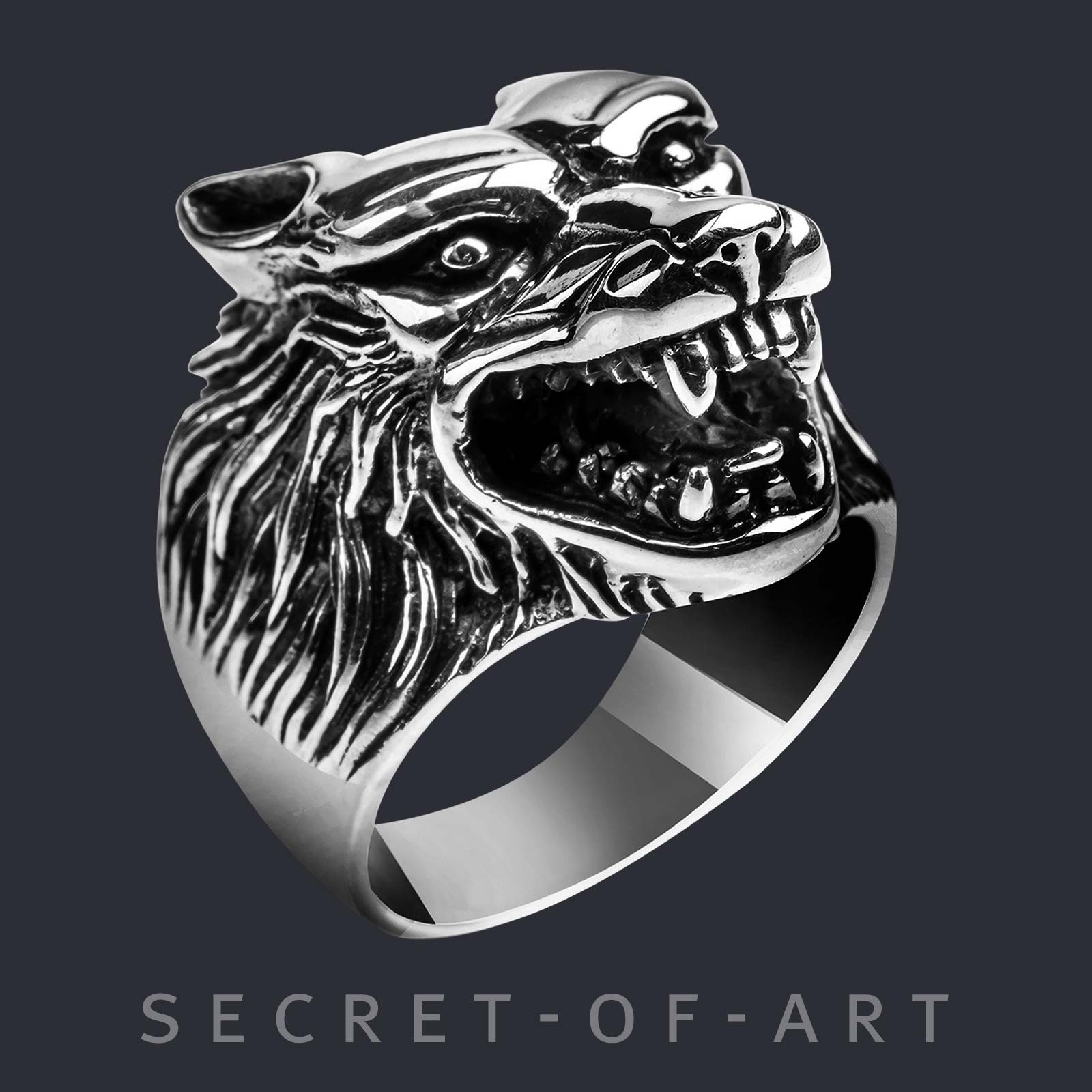 Wolf Ring Silver 925 huge 3D Wolfhead Biker Rocker Mens jewelry US-size 8-13
