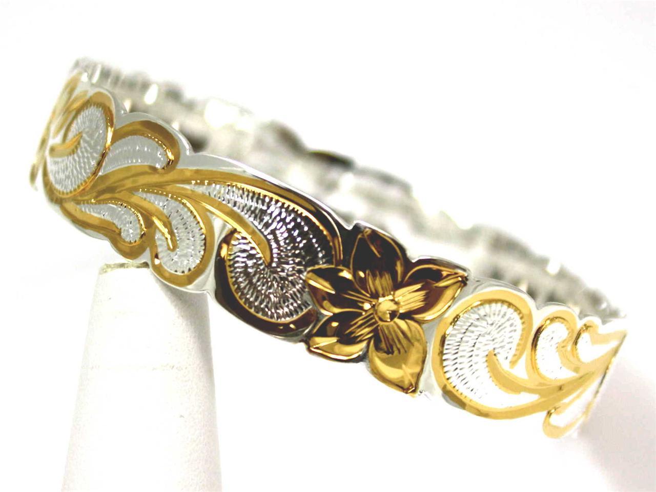 SILVER 925 HAWAIIAN BANGLE BRACELET PLUMERIA FLOWER SCROLL CUT OUT EDGE 12MM 2T