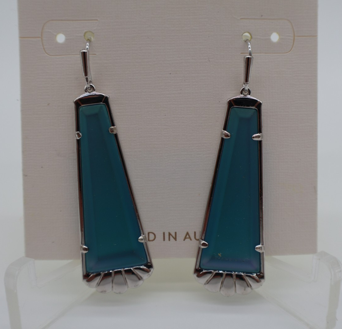 Kendra Scott SILVER Serena Drop Earrings w/ Aqua Fluorescent Blue Stone NWT