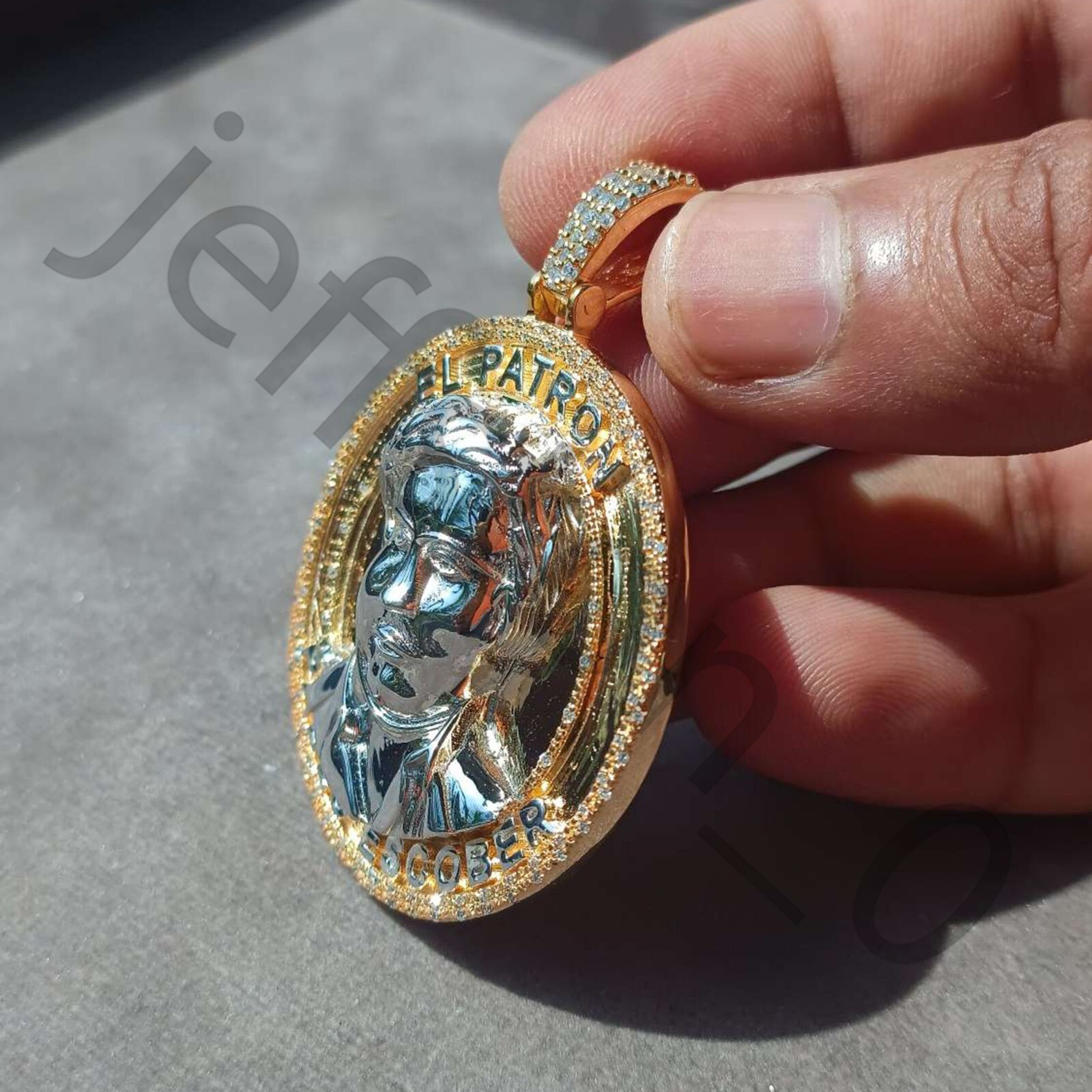 Simulated Diamond 14K Yellow Gold Over EL Patron Pablo Escobar Pendant 2.25″