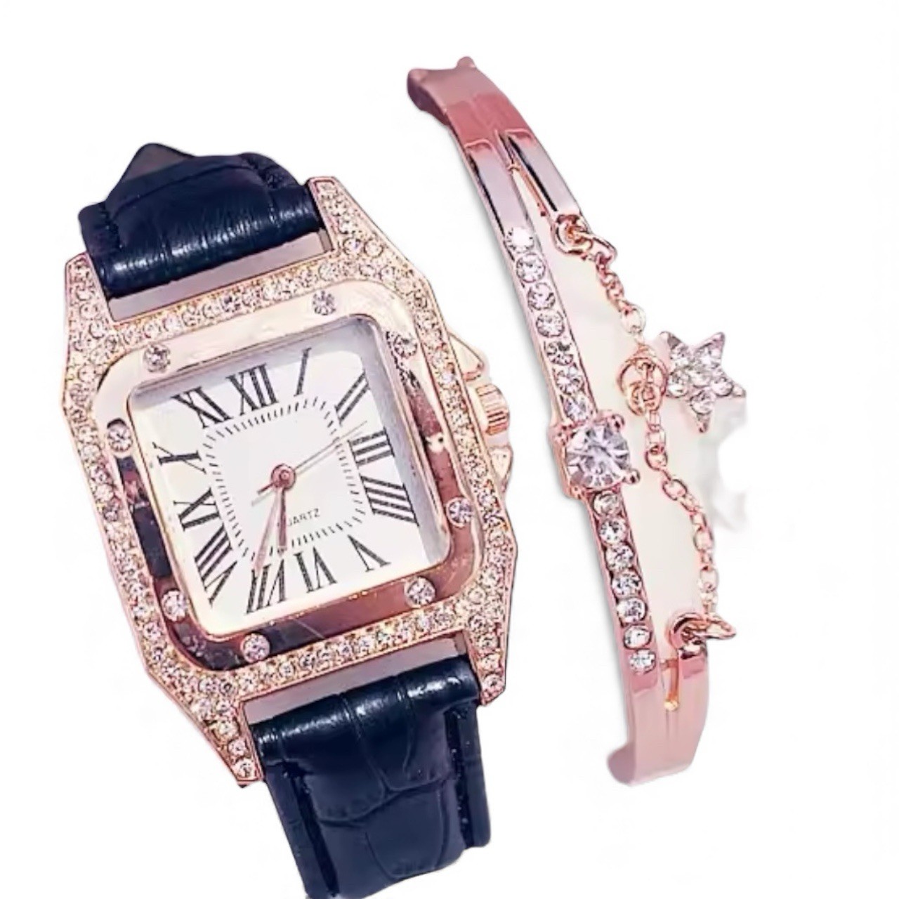 Women PU Leather Rhinestone Watch and Rose Gold Bracelet 2 Piece Set
