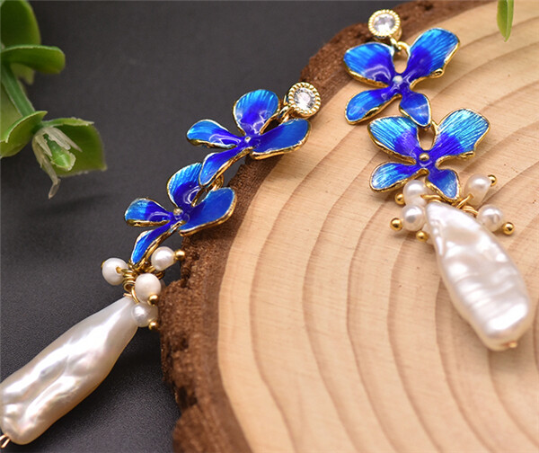 Natural Fresh Water Baroque Pearl Cloisonne Flowers Dangle Drop Earrings women