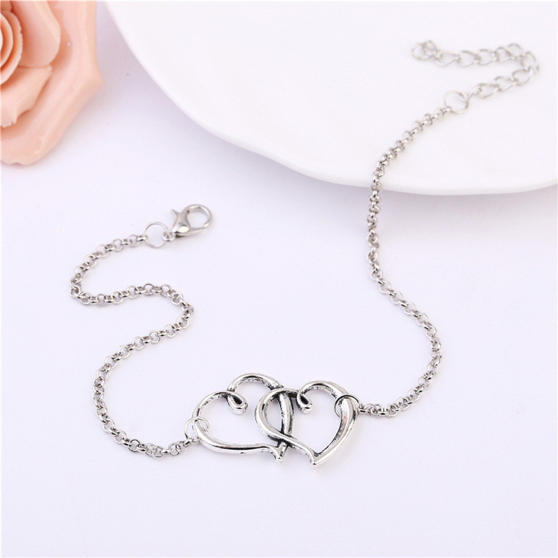 Double Heart Women Anklet Ankle Bracelet Foot Jewelry Silver tone Girl Present