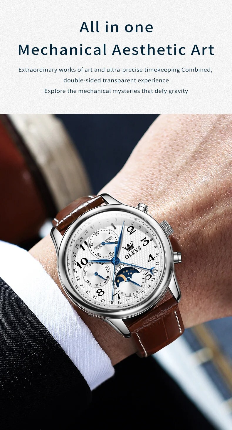 OLEVS Men Automatic Mechanical Moon Phase Calendar Stainless Steel Brand Watch