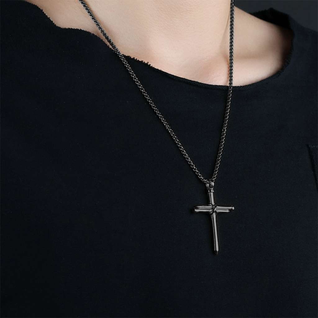 Mens Nail Cross Pendant Necklace Chain Gold/Silver/Black Stainless Steel Christ