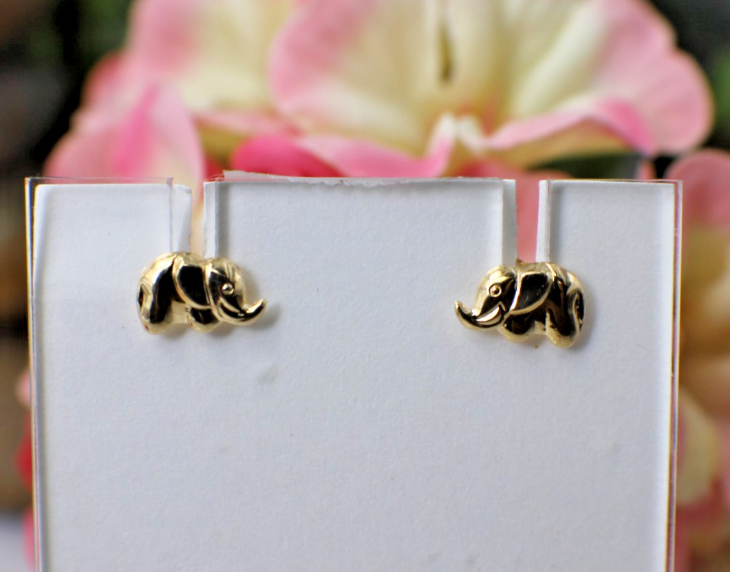 Solid 14K Yellow Lucky Elephant Stud Earrings Pachyderm Posts Kids Adults