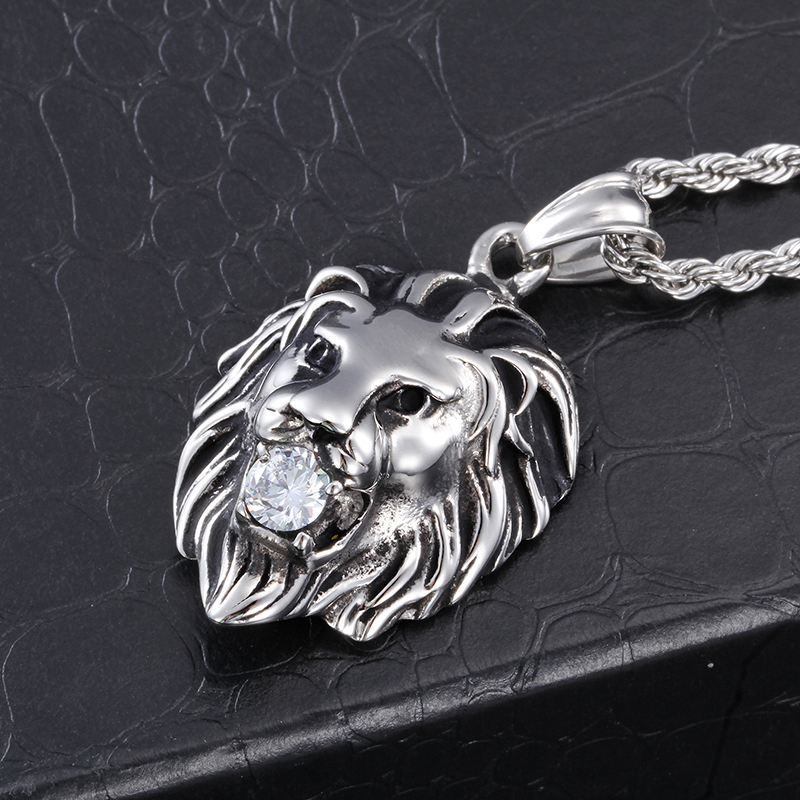 Mens Gift Stainless Steel Cool Lion Head CZ Charm Pendant Rope Necklace chain