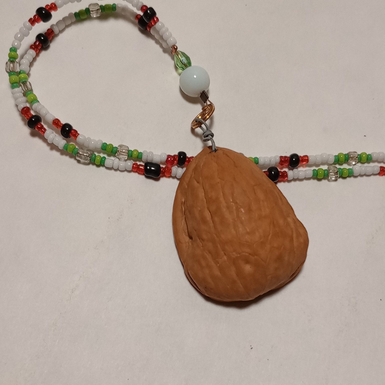 Handmade Multicolor Beaded Necklace Walnut Pendant UFO & Cow on Farm