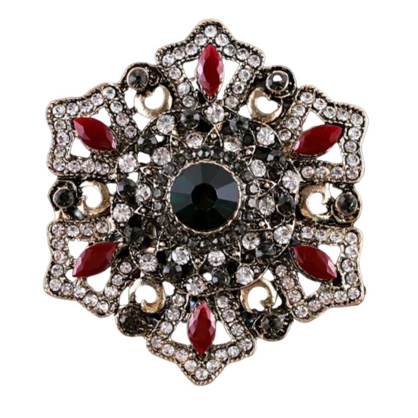 Old Fashioned Brooch Green and Red Rhinestones with Clear Crystals Gold Tone