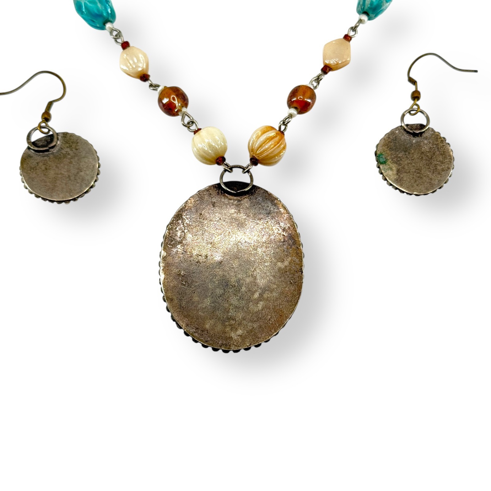 VTG Faux Bone Beaded Gemstone Necklace Earring Set Multicolor Hand Made Pendant